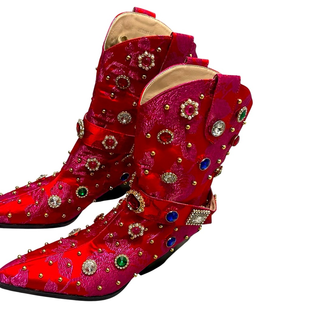 πΌπππNWOT AZALEA WANG DILIGENT RED BROCADE AND GEMS WESTERN BOOTIE. No box - Picture 6 of 15